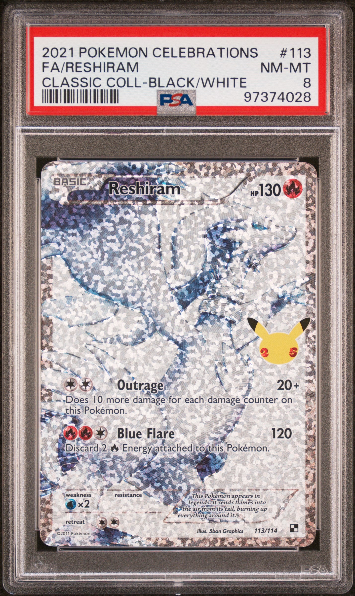 FA/RESHIRAM 113/114 Common POKEMON CELEBRATIONS CLASSIC COLLECTION CLASSIC COLL-BLACK/WHITE PSA8 NM-MT 8 PSA population 176 <a href=https://www.psacard.com/cert/97374028/psa>https://www.psacard.com/cert/97374028/psa</a>