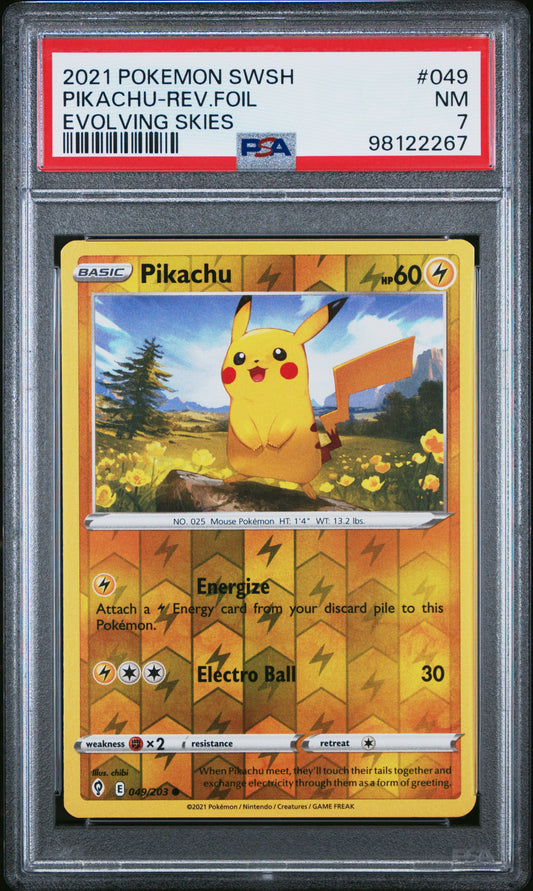 PIKACHU-REV.FOIL 49/203 Common POKEMON SWORD & SHIELD EVOLVING SKIES EVOLVING SKIES PSA7 NM 7 PSA population 15 <a href=https://www.psacard.com/cert/98122267/psa>https://www.psacard.com/cert/98122267/psa</a>