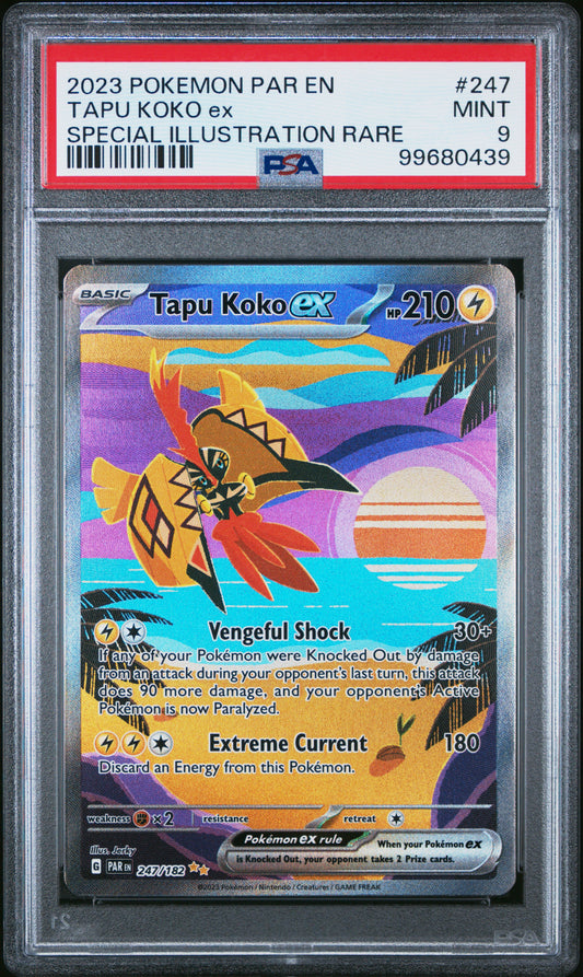 TAPU KOKO EX 247/182 Common POKEMON PAR EN-PARADOX RIFT SPECIAL ILLUSTRATION RARE PSA9 MINT 9 PSA population 1314 <a href=https://www.psacard.com/cert/99680439/psa>https://www.psacard.com/cert/99680439/psa</a>